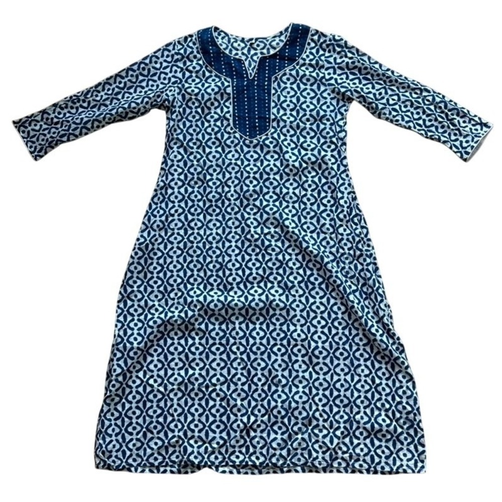 Indigo Block Print Dress Midi 5/6 Geometric 3/4 Sleeve Boho Resortwear Airy Boho - Picture 2 of 9